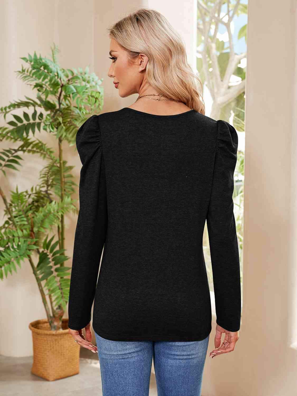 Buttoned Round Neck Puff Sleeve T-Shirt Women's T-Shirts - Tophatter Daily Deals