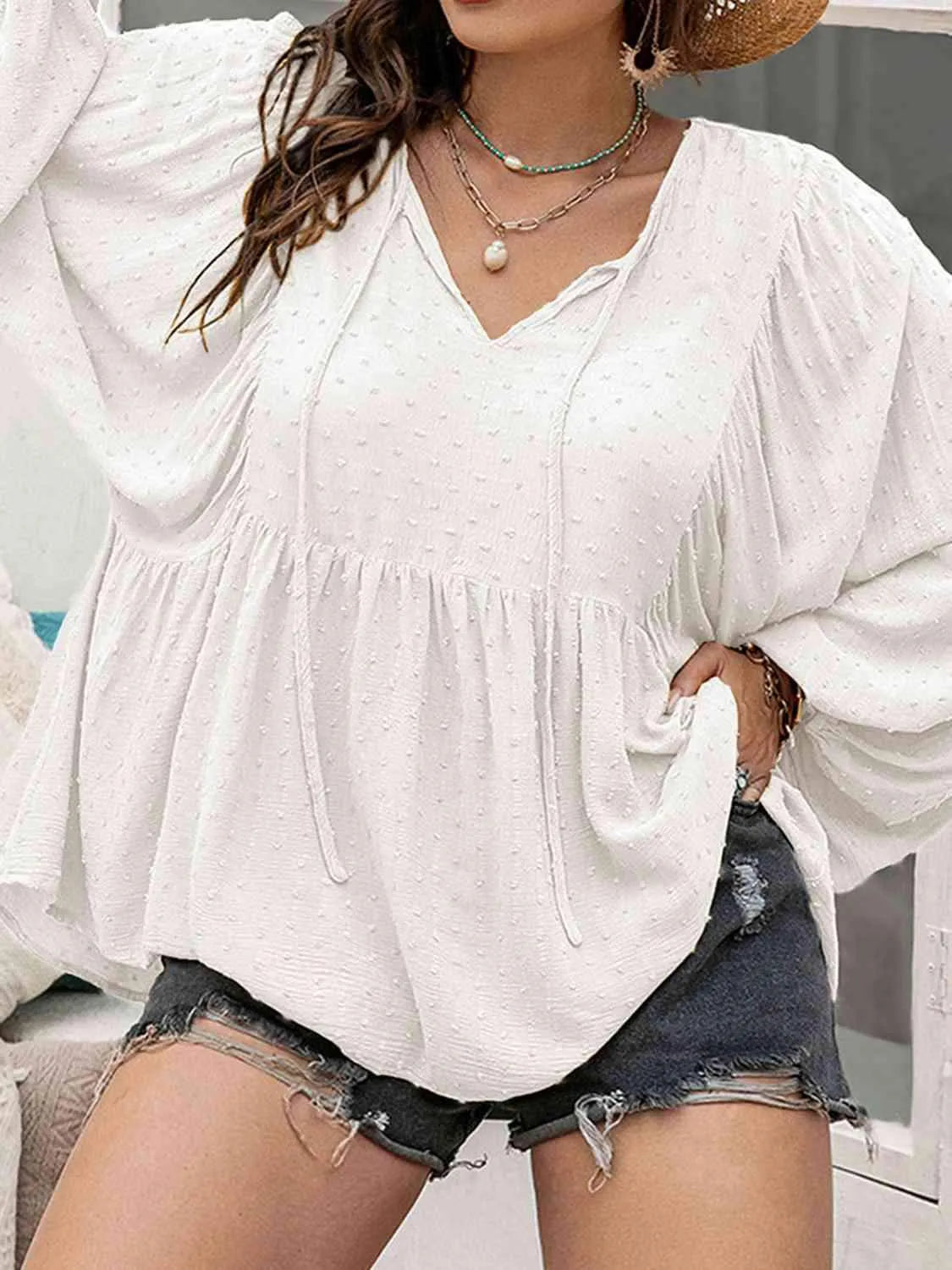 Plus Size Swiss Dot Tie Neck Lantern Sleeve Blouse Blouses - Tophatter Daily Deals