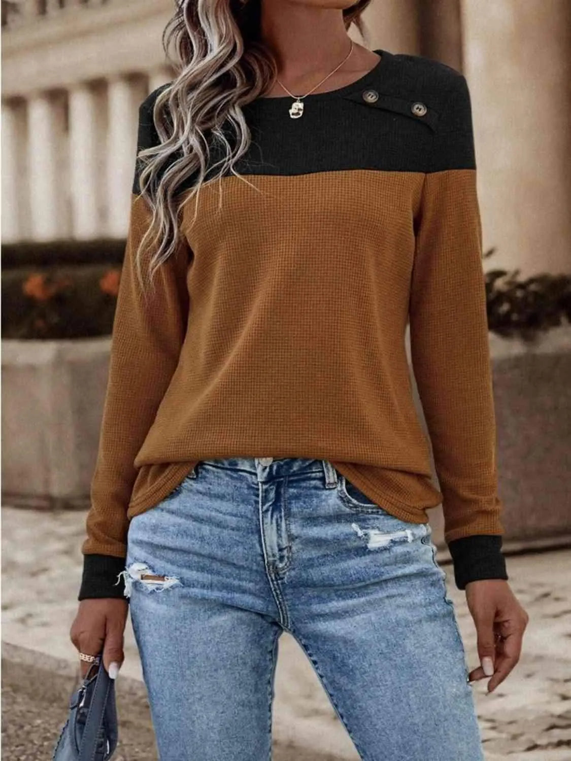 Contrast Buttoned Round Neck Long Sleeve T-Shirt Caramel Women's T-Shirts - Tophatter Daily Deals