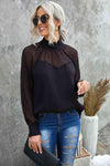 Frill Neck Spliced Mesh Blouse Black Blouses - Tophatter Daily Deals