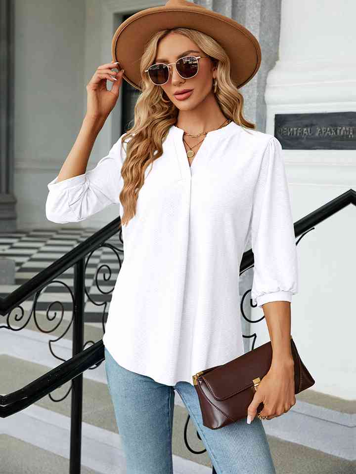 Notched Neck Three-Quarter Sleeve Blouse White Women's T-Shirts - Tophatter Daily Deals