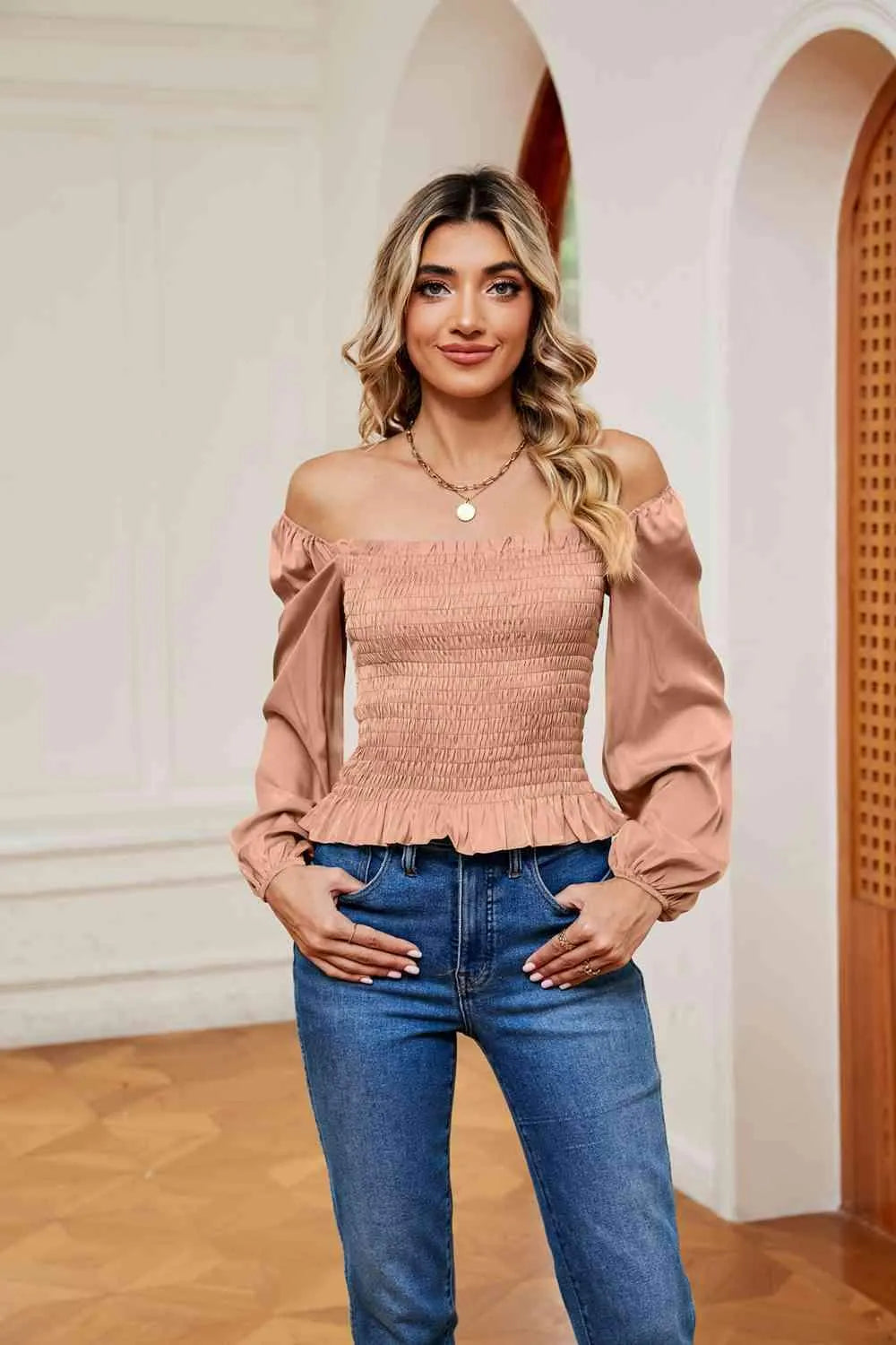 Smocked Off-Shoulder Ruffle Hem Blouse Light Apricot Blouses - Tophatter Daily Deals