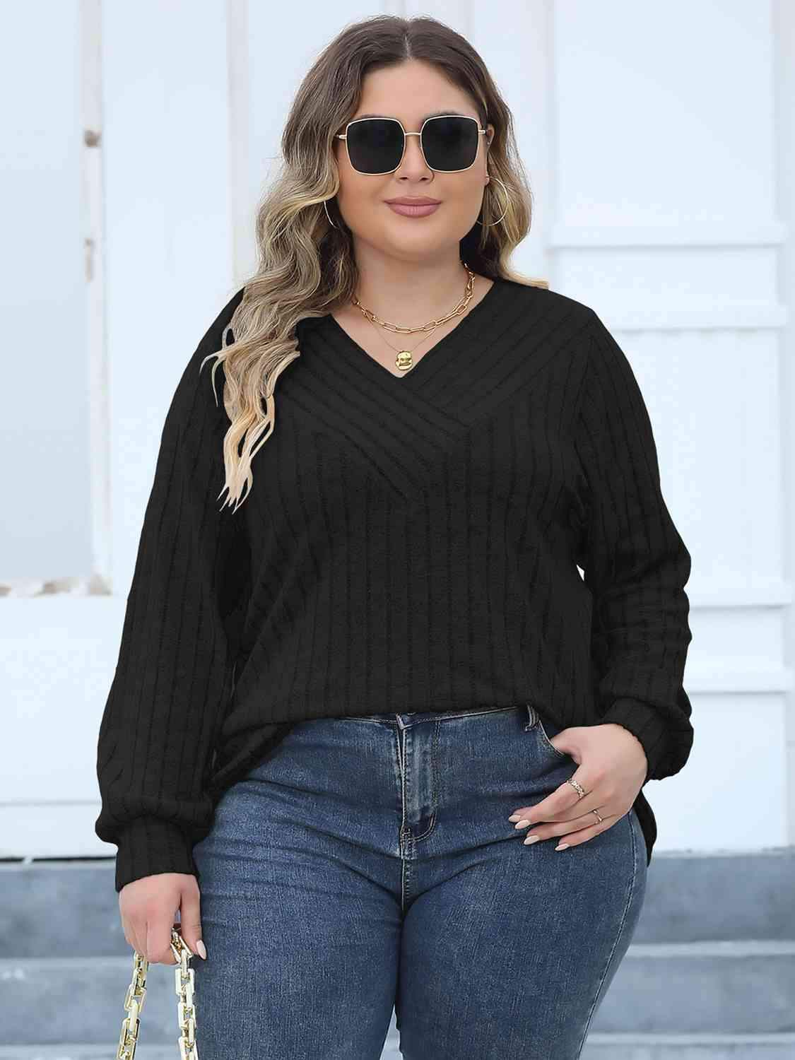 Plus Size Ribbed V-Neck Long Sleeve Top Black Women's T-Shirts - Tophatter Daily Deals