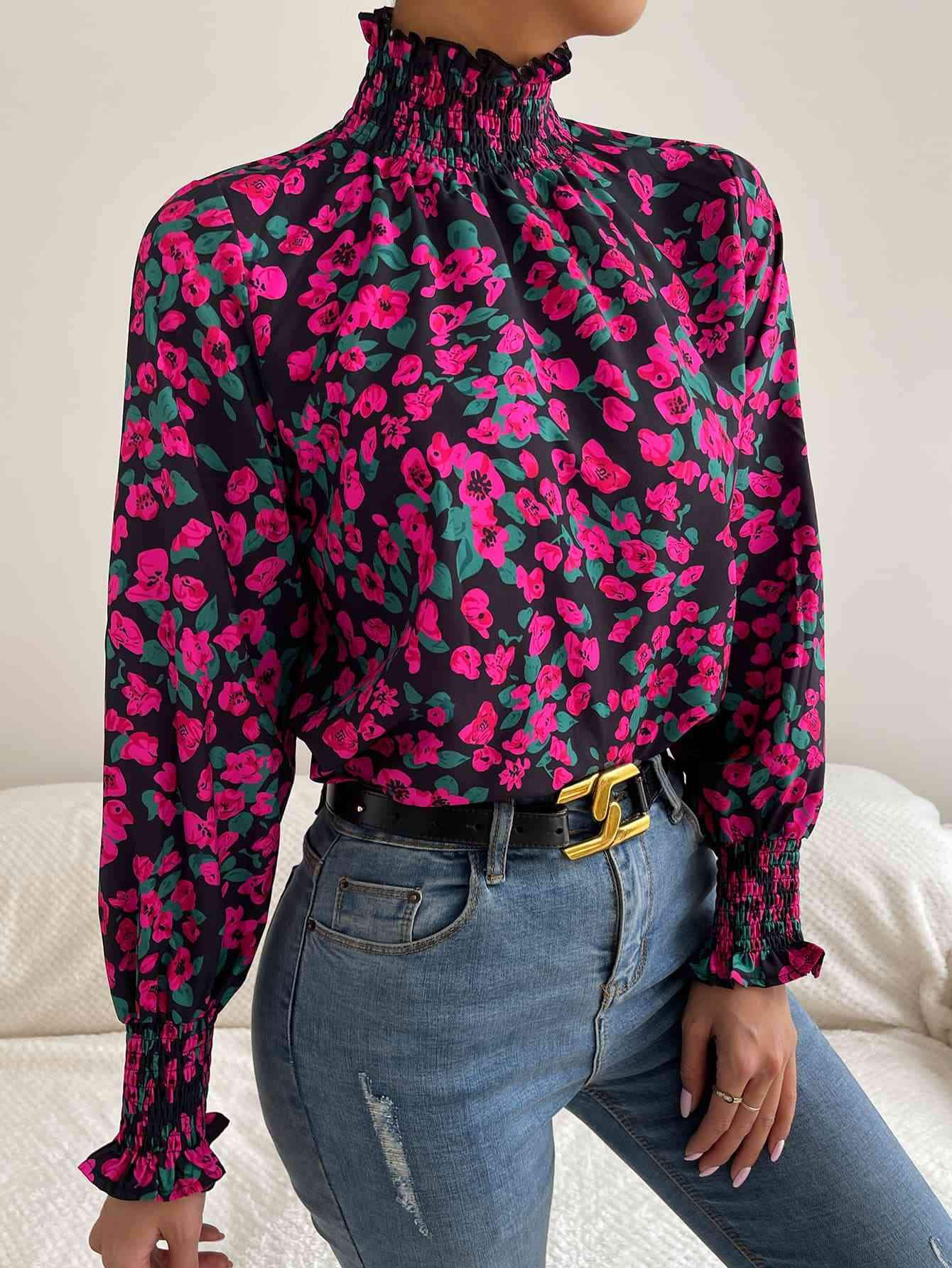 Floral Smocked Frill Neck Blouse Blouses - Tophatter Daily Deals