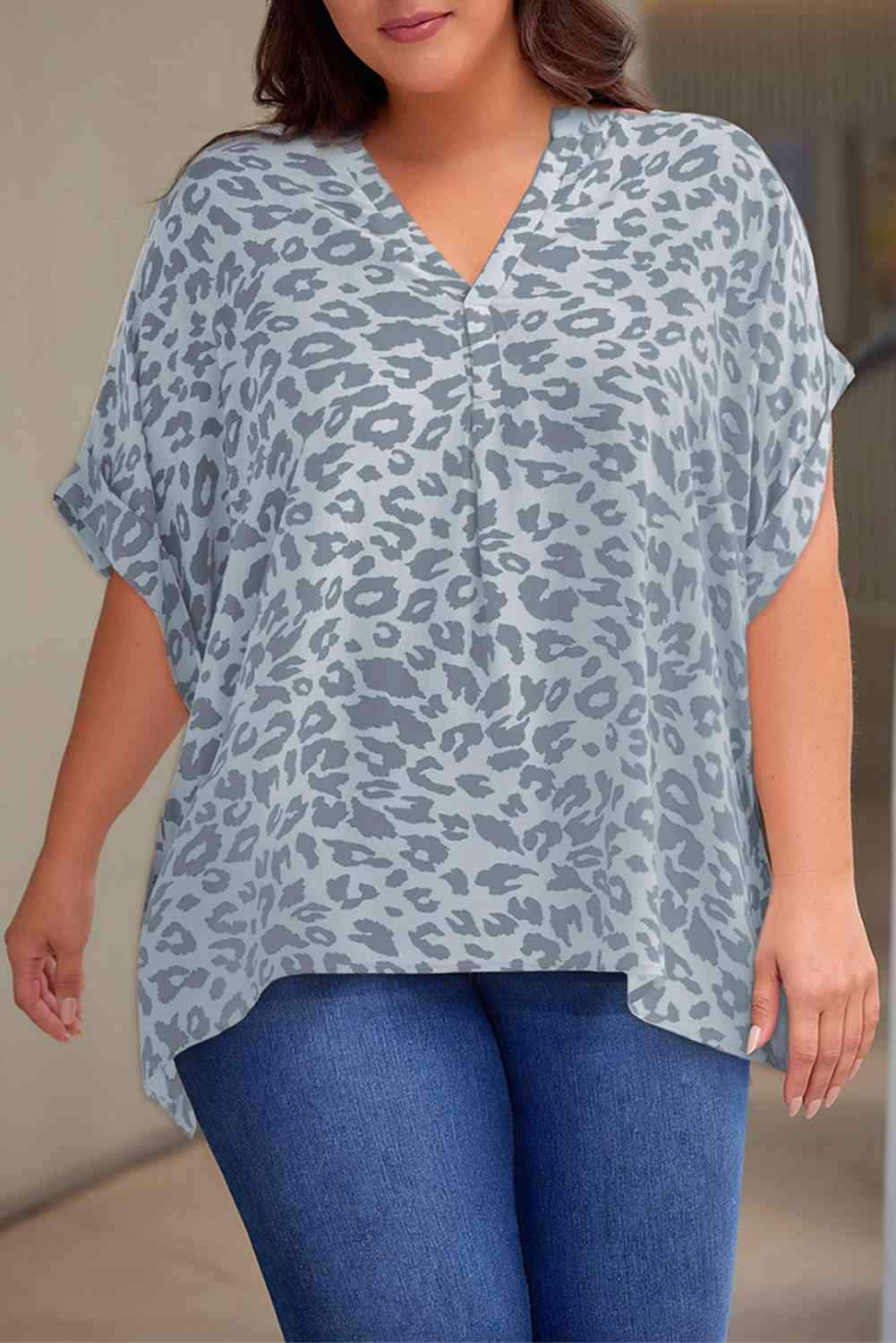 Plus Size Printed Notched Neck Half Sleeve Top Women's T-Shirts - Tophatter Daily Deals