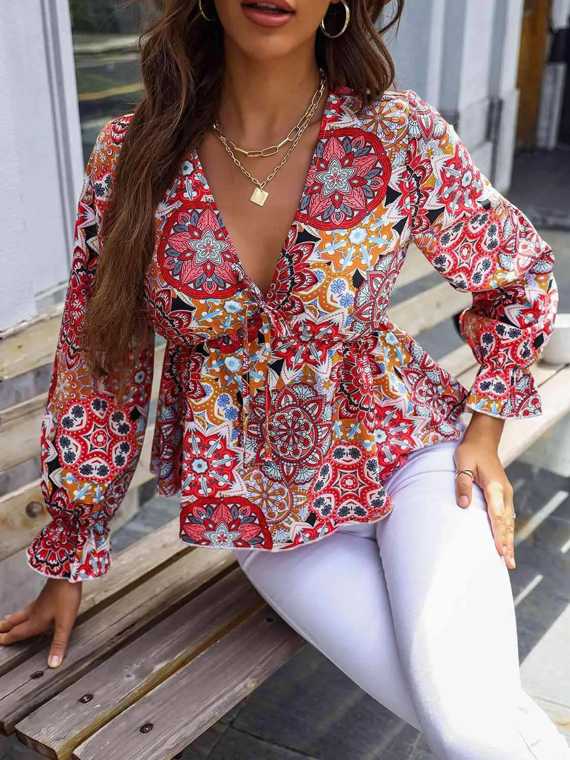Printed V-Neck Flounce Sleeve Blouse Blouses - Tophatter Daily Deals
