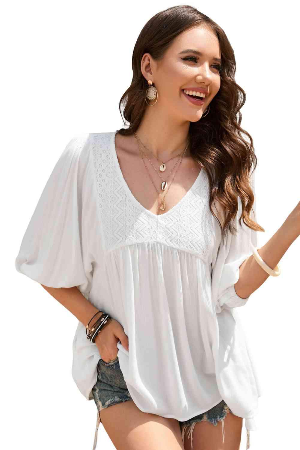 Double Take V-Neck Half Sleeve Blouse with Pockets Blouses - Tophatter Daily Deals