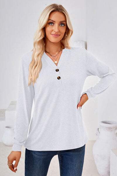 Notched Button Detail Long Sleeve T-Shirt Women's T-Shirts - Tophatter Daily Deals