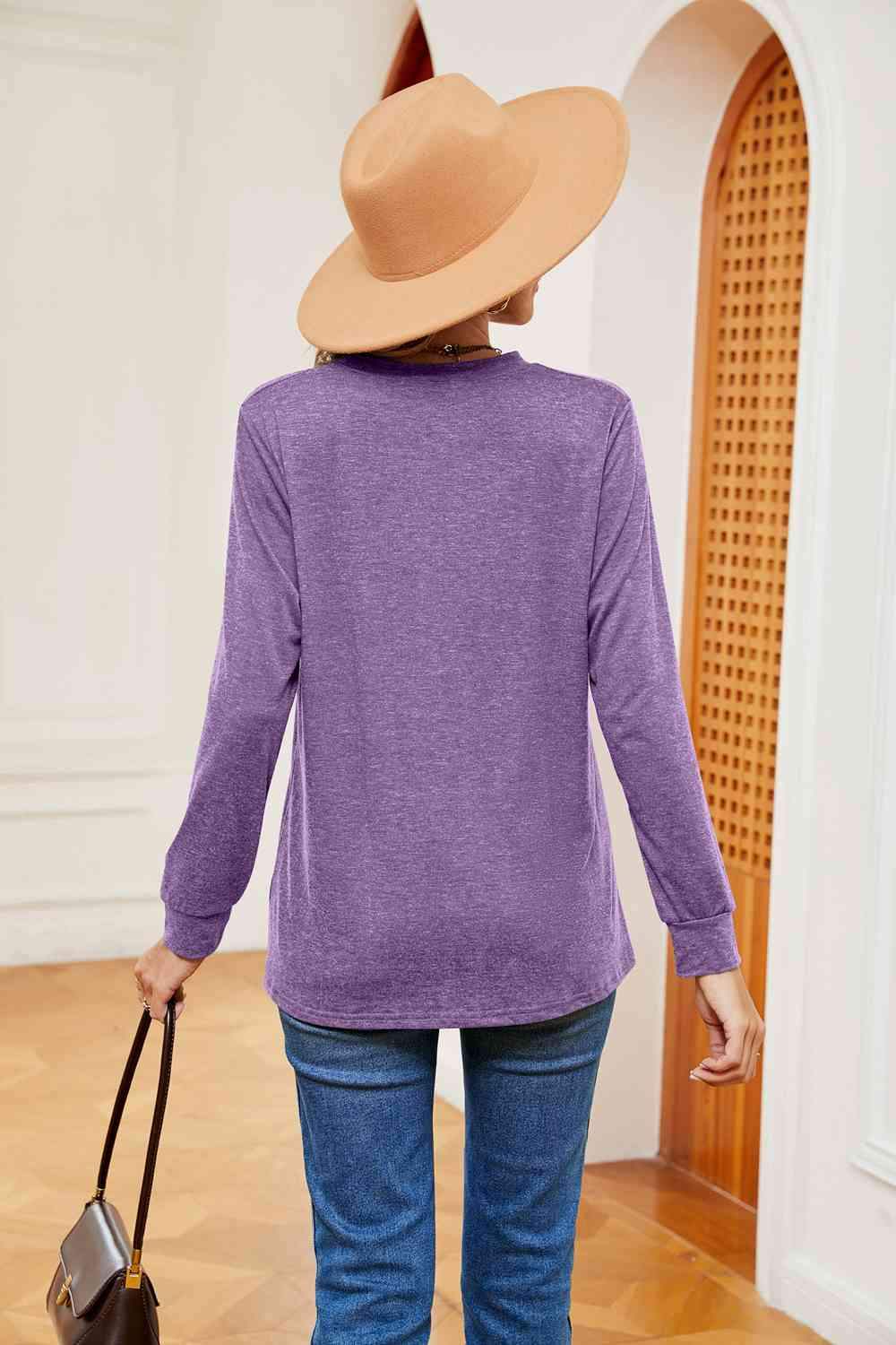 Buttoned Notched Neck Long Sleeve Top Blouses - Tophatter Daily Deals