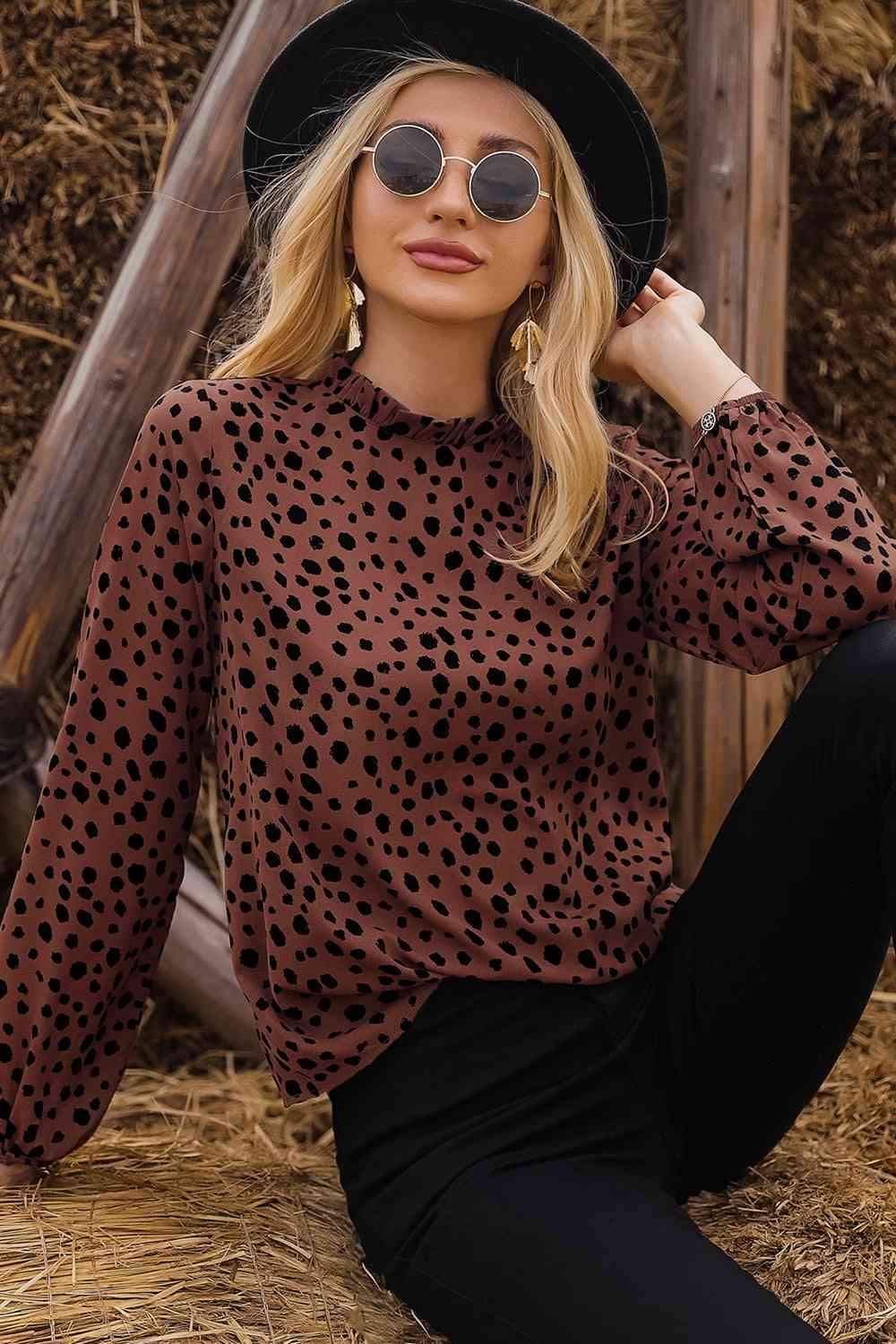 Printed Round Neck Long Sleeve Blouse Blouses - Tophatter Daily Deals