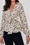 Printed Tie Front Plunge Peplum Blouse Blouses - Tophatter Daily Deals