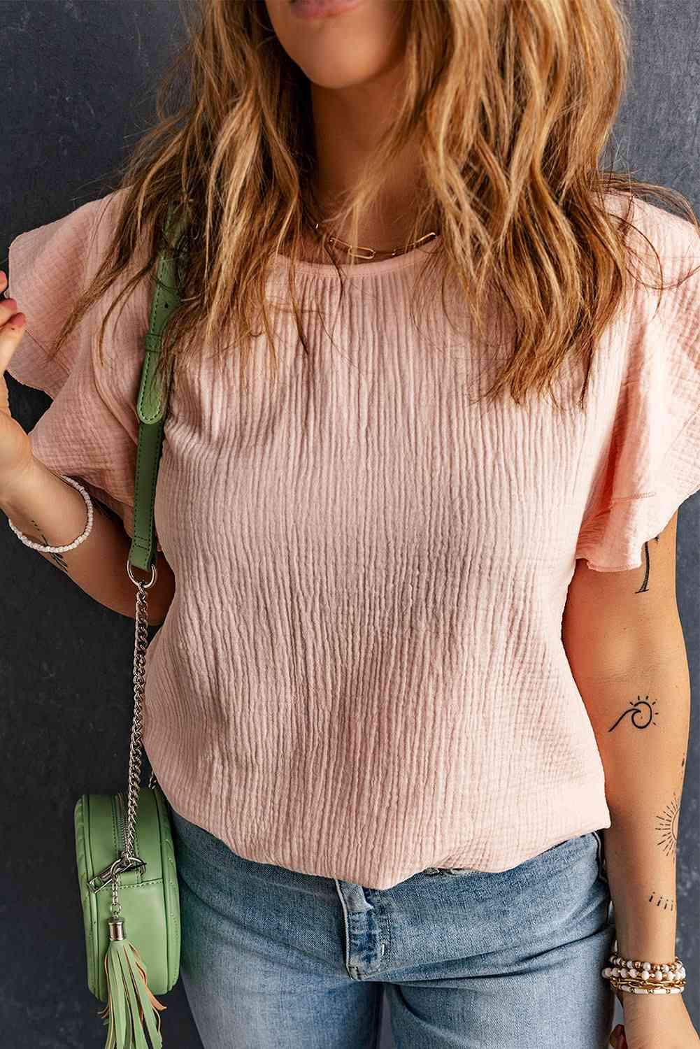 Textured Flutter Sleeve Keyhole Blouse Blouses - Tophatter Daily Deals