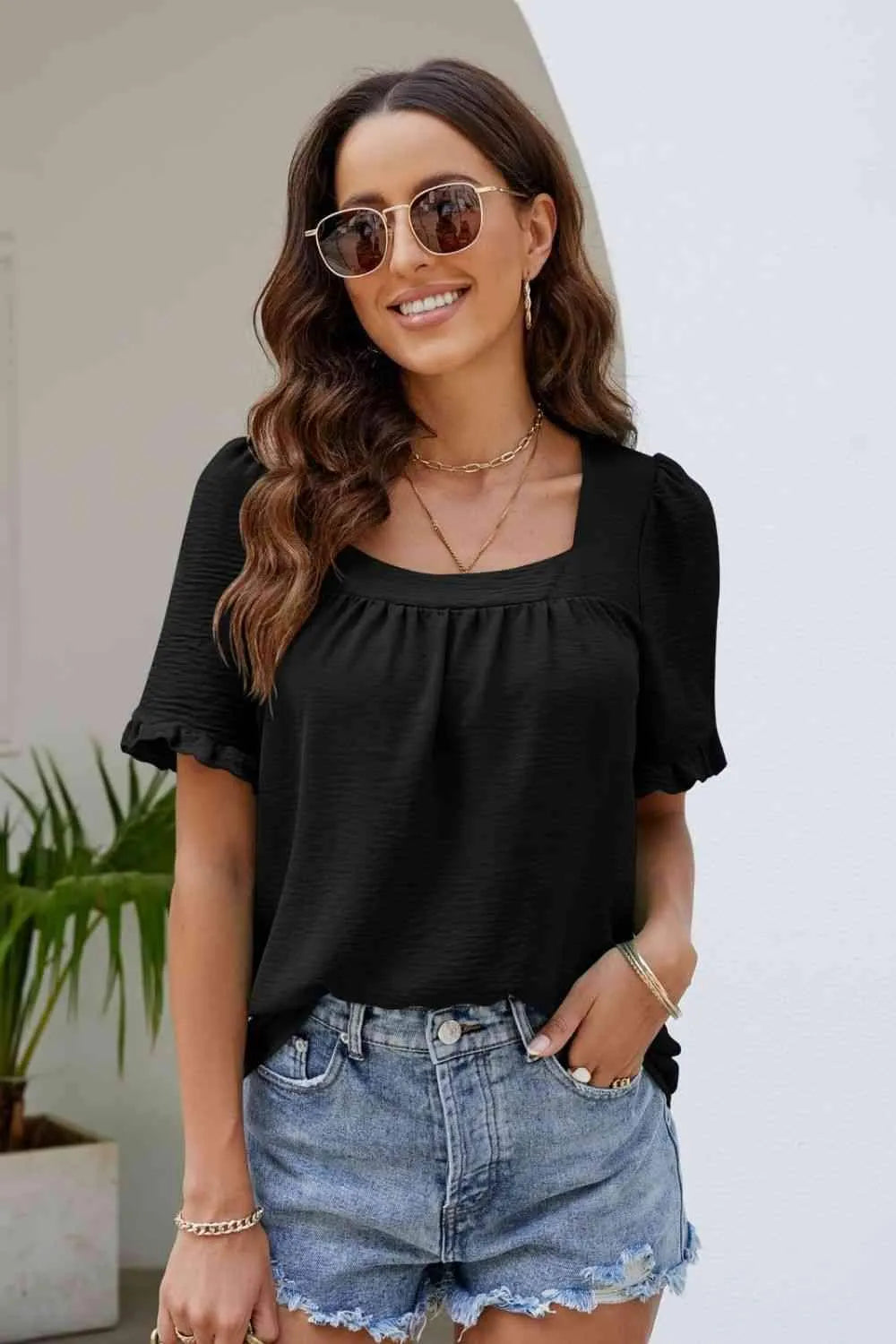 Frill Trim Puff Sleeve Square Neck Blouse Blouses - Tophatter Daily Deals