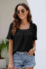 Frill Trim Puff Sleeve Square Neck Blouse Blouses - Tophatter Daily Deals