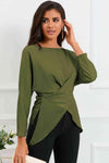 Boat Neck Back Tie Long Sleeve Satin Blouse Matcha Green Blouses - Tophatter Daily Deals