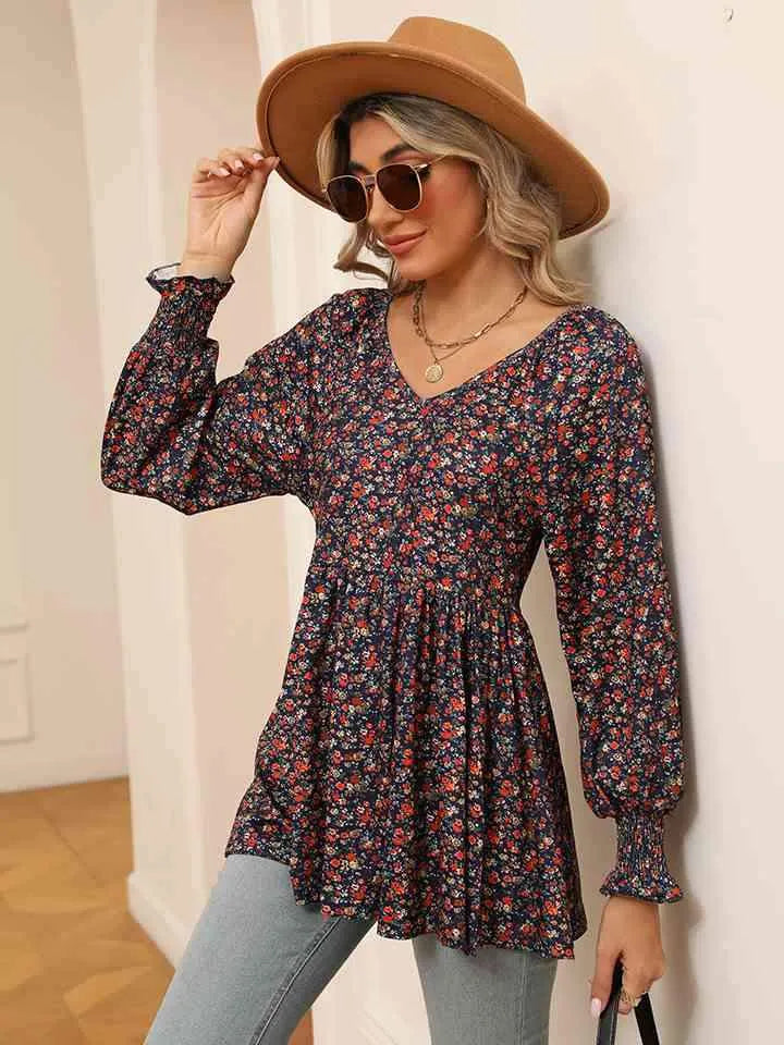 Printed V-Neck Lantern Sleeve Blouse Blouses - Tophatter Daily Deals