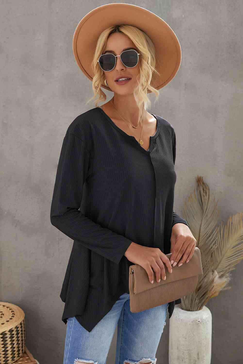 Notched Neck Asymmetric Hem Top Blouses - Tophatter Daily Deals