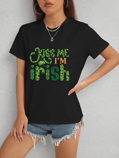 KISS ME I'M IRISH Round Neck T-Shirt Black Women's T-Shirts - Tophatter Daily Deals