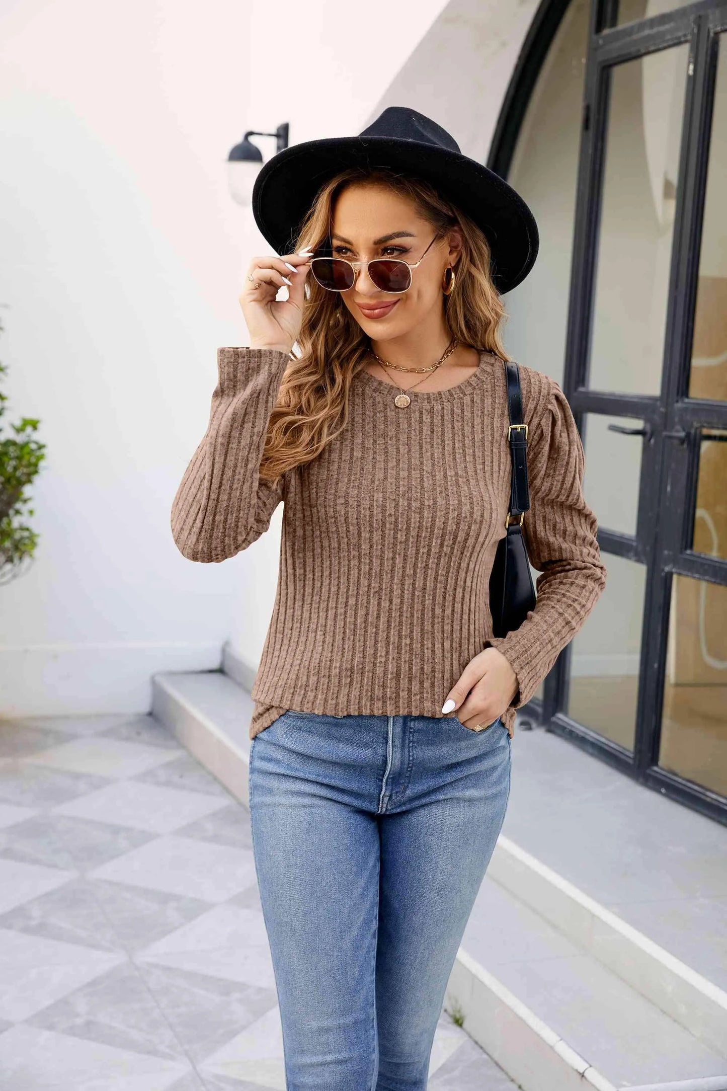 Round Neck Long Sleeve Ribbed Blouse Blouses - Tophatter Daily Deals
