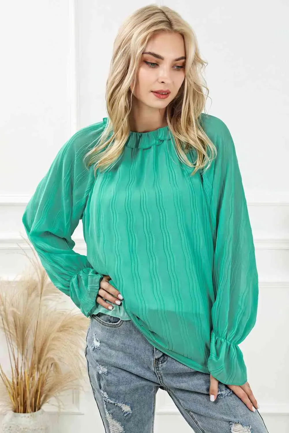 Round Neck Flounce Sleeve Blouse Blouses - Tophatter Daily Deals