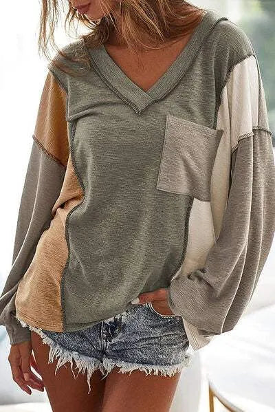Exposed Seam Color Block V-Neck T-Shirt Heather Gray Women's T-Shirts - Tophatter Daily Deals