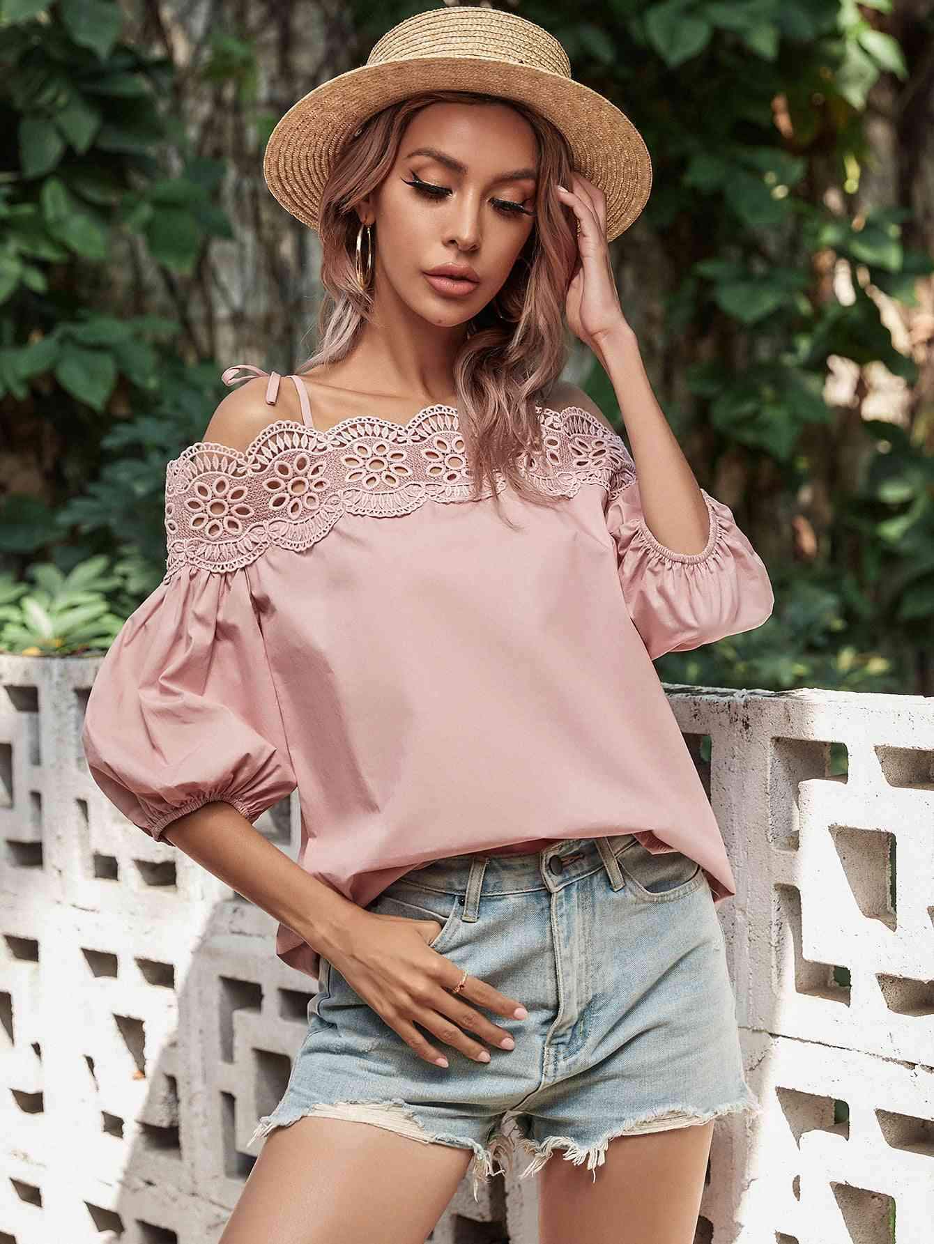 Lace Trim Off-Shoulder Bubble Sleeve Blouse Blush Pink Blouses - Tophatter Daily Deals