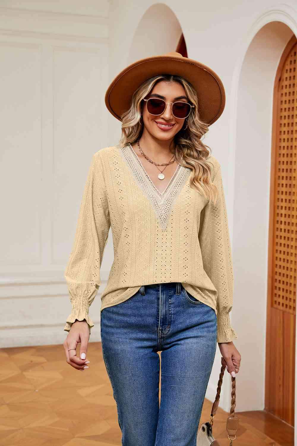 Contrast Flounce Sleeve Blouse Blouses - Tophatter Daily Deals