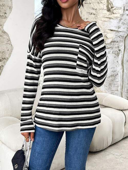 Striped Drop Shoulder Long Sleeve T-Shirt Black Women's T-Shirts - Tophatter Daily Deals