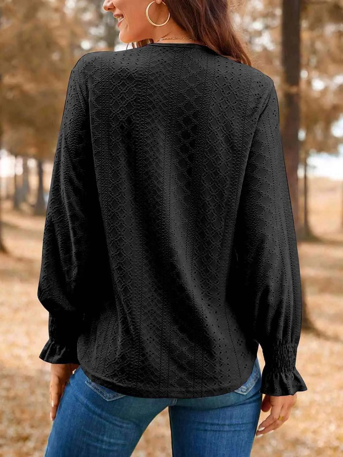 Eyelet V-Neck Flounce Sleeve Top Blouses - Tophatter Daily Deals
