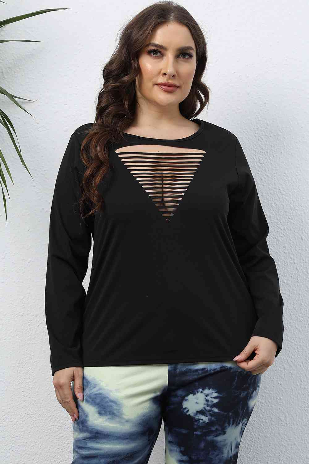 Plus Size Cutout Front Long Sleeve T-Shirt Black Women's T-Shirts - Tophatter Daily Deals