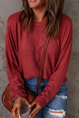 Seam Detail Round Neck Long Sleeve Top Women's T-Shirts - Tophatter Daily Deals