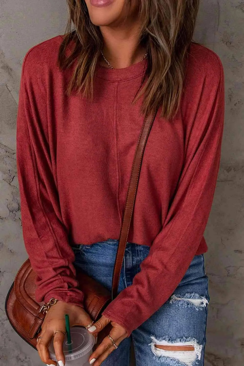 Seam Detail Round Neck Long Sleeve Top Women's T-Shirts - Tophatter Daily Deals