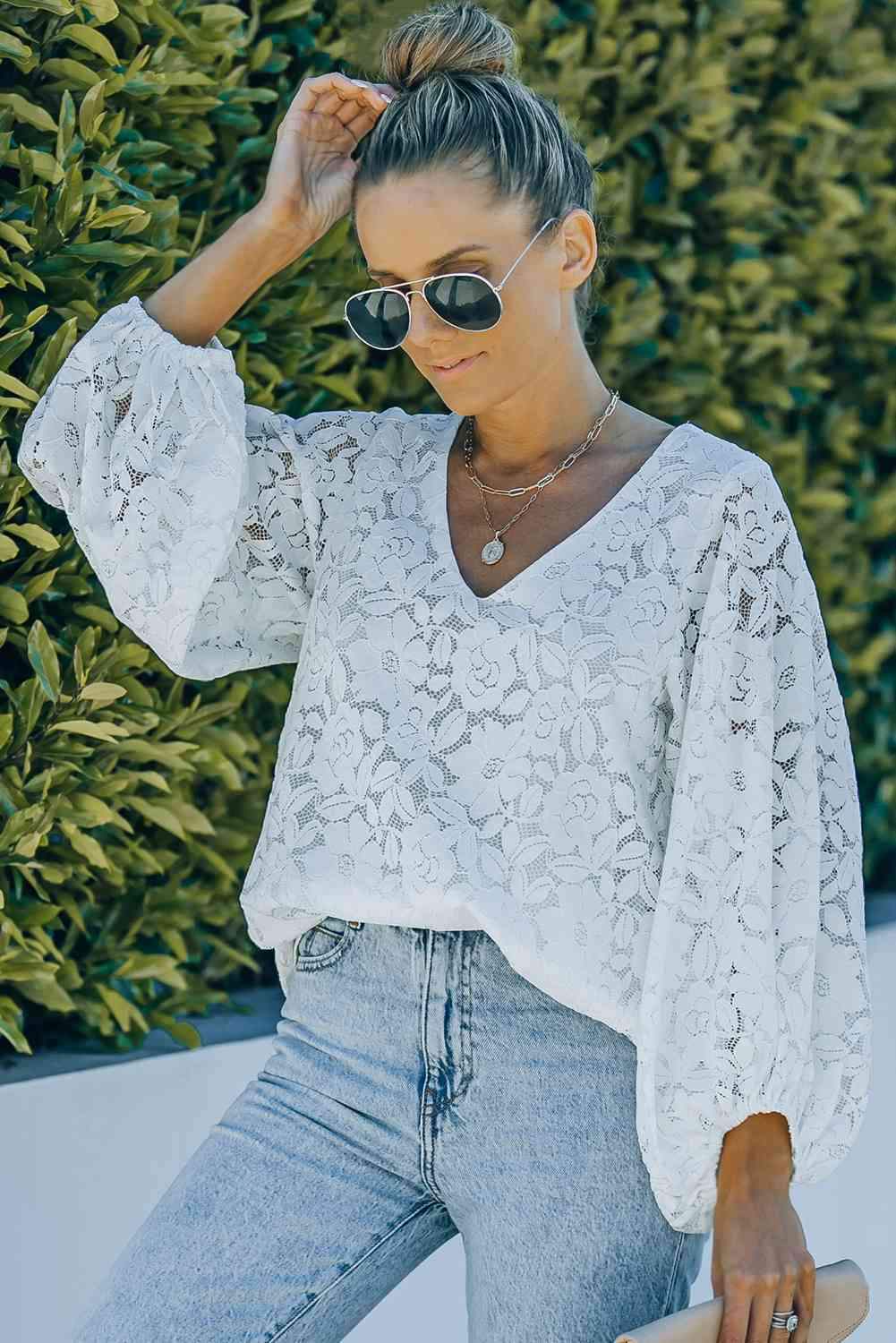 Lace Balloon Sleeve V-Neck Tunic Blouse Blouses - Tophatter Daily Deals