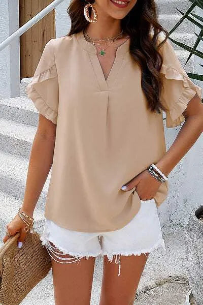 Notched Ruffled Petal Sleeve T-Shirt Women's T-Shirts - Tophatter Daily Deals
