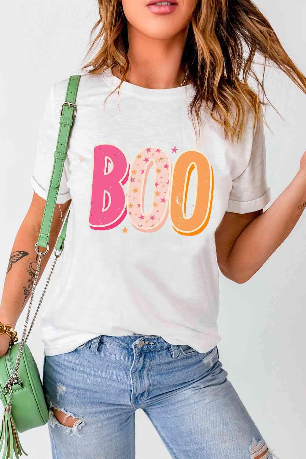 Round Neck Short Sleeve BOO Graphic T-Shirt White Women's T-Shirts - Tophatter Daily Deals