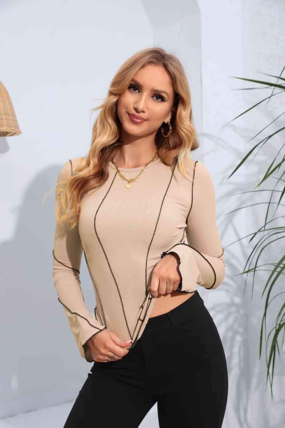 Ribbed Round Neck Long Sleeve Blouse Tan Blouses - Tophatter Daily Deals