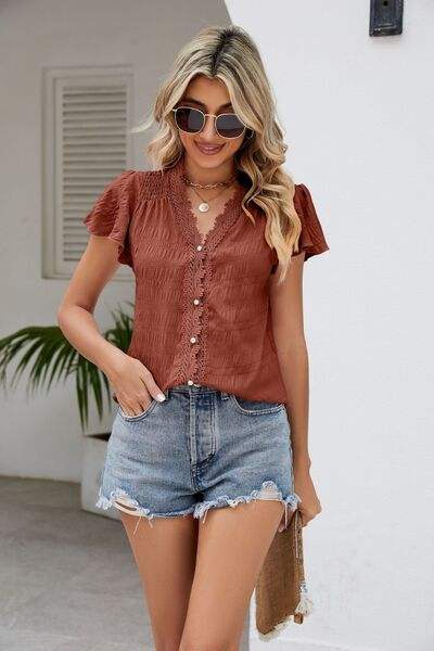 Ruffled V-Neck Button Up Cap Sleeve T-Shirt Women's T-Shirts - Tophatter Daily Deals