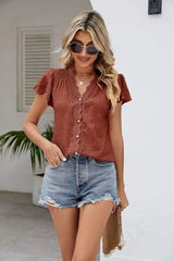 Ruffled V-Neck Button Up Cap Sleeve T-Shirt Women's T-Shirts - Tophatter Daily Deals