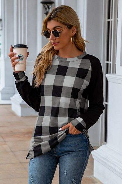 Plaid Round Neck Long Sleeve T-Shirt Women's T-Shirts - Tophatter Daily Deals