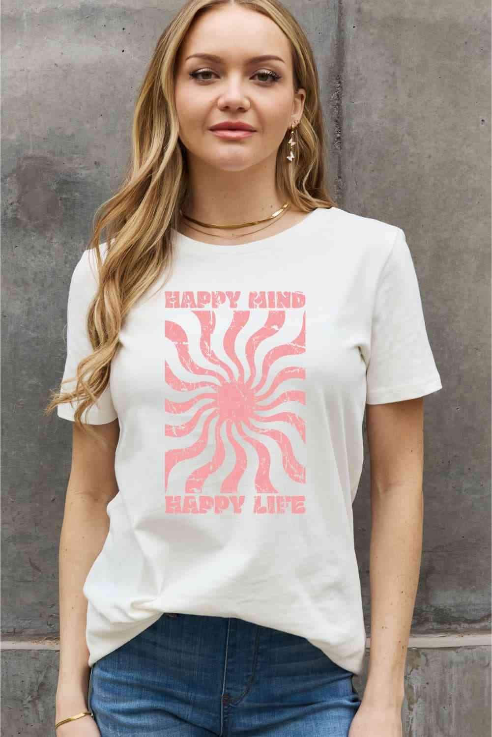 Simply Love Full Size HAPPY MIND HAPPY LIFE Graphic Cotton Tee Bleach Women's T-Shirts - Tophatter Daily Deals