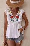 Embroidered Pom-Pom Trim Cap Sleeve Babydoll Top Blouses - Tophatter Daily Deals