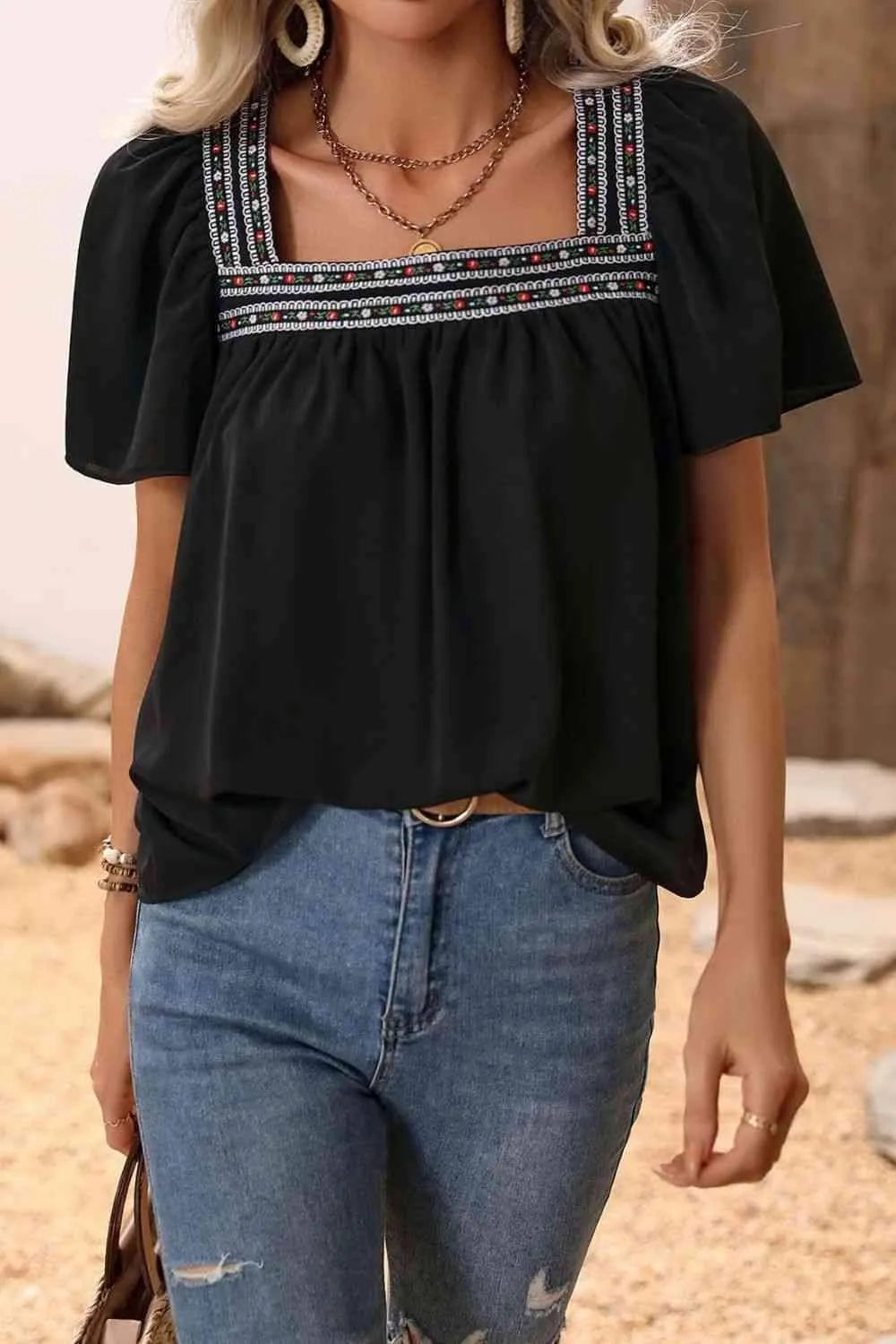 Contrast Square Neck Puff Sleeve Blouse Blouses - Tophatter Daily Deals