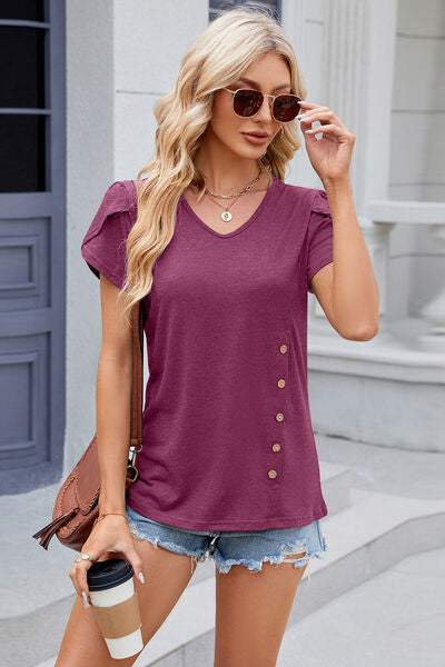 V-Neck Short Sleeve T-Shirt Fuchsia Women's T-Shirts - Tophatter Daily Deals