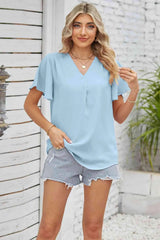 V-Neck Flutter Sleeve Blouse Blouses - Tophatter Daily Deals