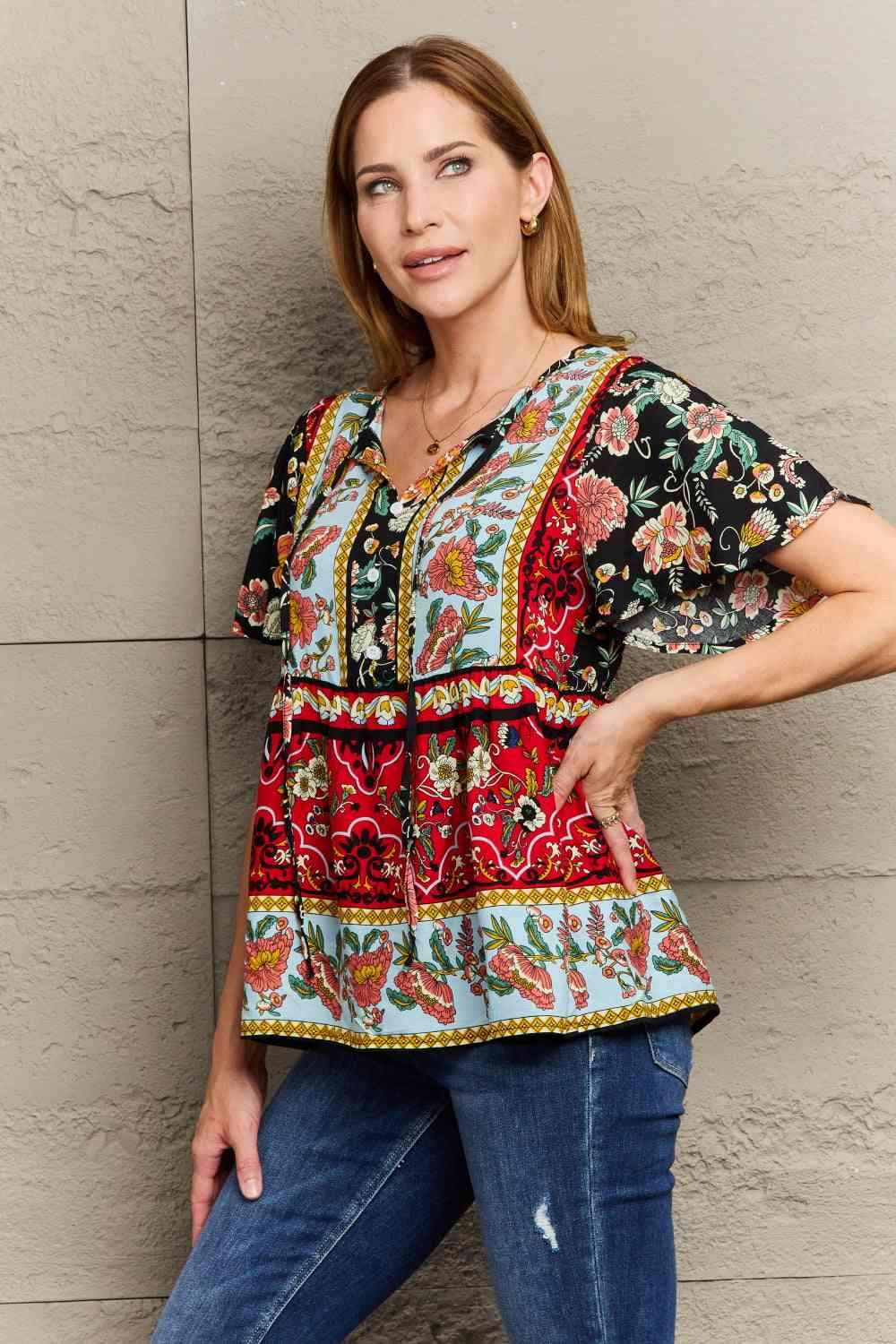 Bohemian Tie-Neck Flutter Sleeve Blouse Blouses - Tophatter Daily Deals