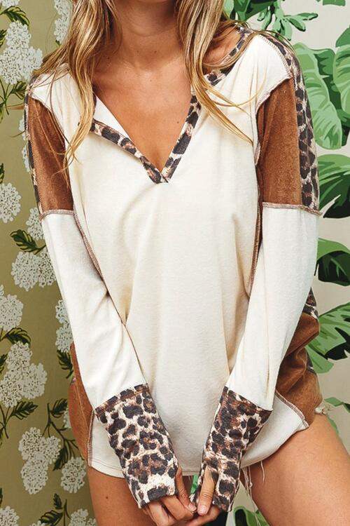 Leopard V-Neck Dropped Shoulder Blouse White Blouses - Tophatter Daily Deals