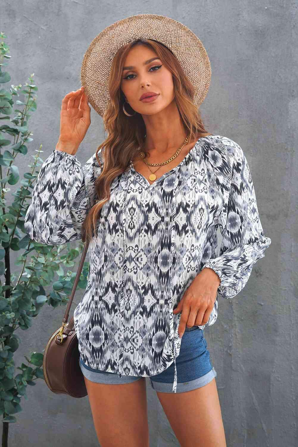 Printed Off-Shoulder Tied Balloon Sleeve Blouse Mid Gray Blouses - Tophatter Daily Deals