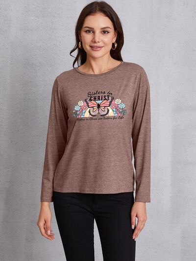 Graphic Round Neck Long Sleeve T-Shirt Mocha Women's T-Shirts - Tophatter Daily Deals