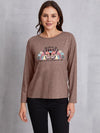 Graphic Round Neck Long Sleeve T-Shirt Mocha Women's T-Shirts - Tophatter Daily Deals