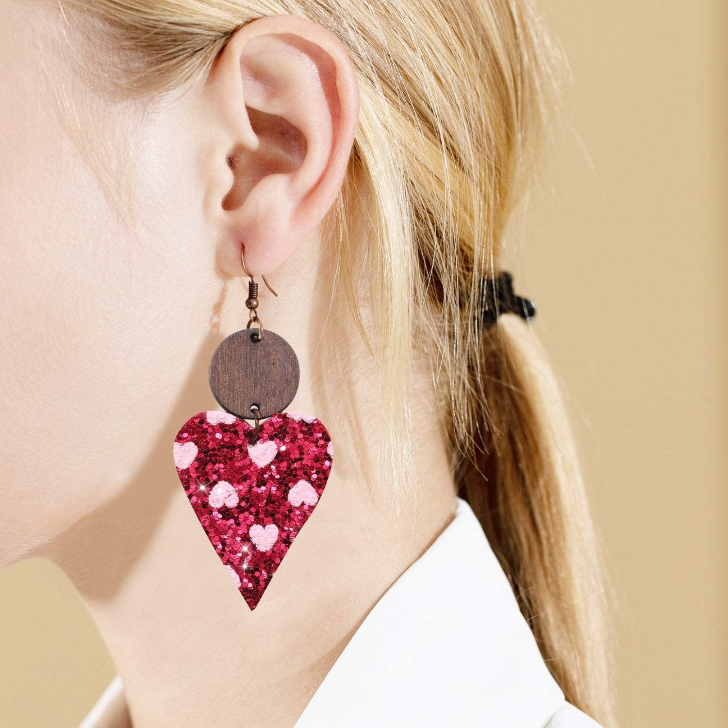 PU Leather Iron Hook Sequin Heart Earrings Deep Rose One Size Earrings - Tophatter Daily Deals